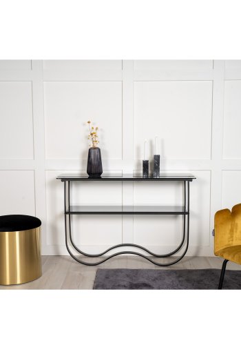 VENTURE DESIGN Wavy sidebord, m. hylde - gr glas og sort metal (117x33,5)