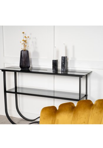 VENTURE DESIGN Wavy sidebord, m. hylde - gr glas og sort metal (117x33,5)