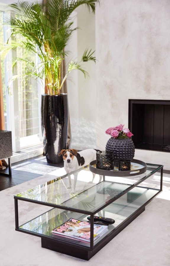 VENTURE DESIGN Maglehem salongbord, m. hylle - klart glass og sort metall (130x60)