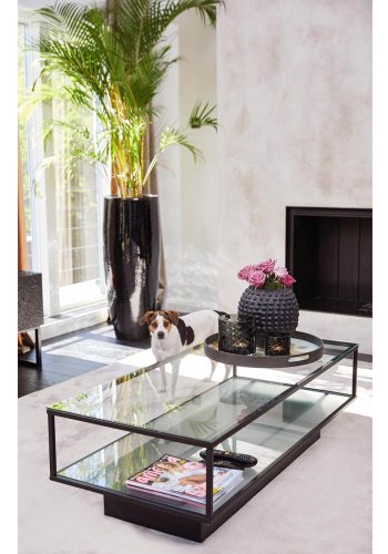 VENTURE DESIGN Maglehem salongbord, m. hylle - klart glass og sort metall (130x60)