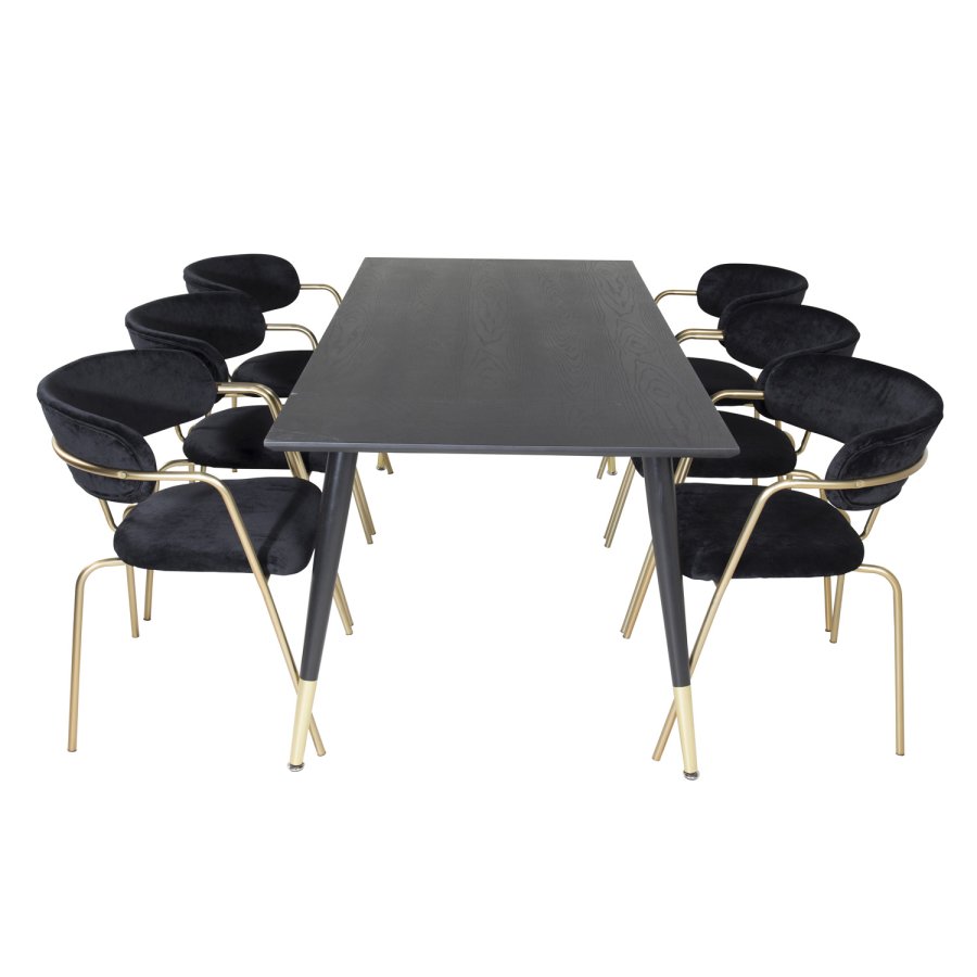 VENTURE DESIGN Arrow Esszimmerstuhl, mit Armlehnen – schwarzer Samt und Messingmetall