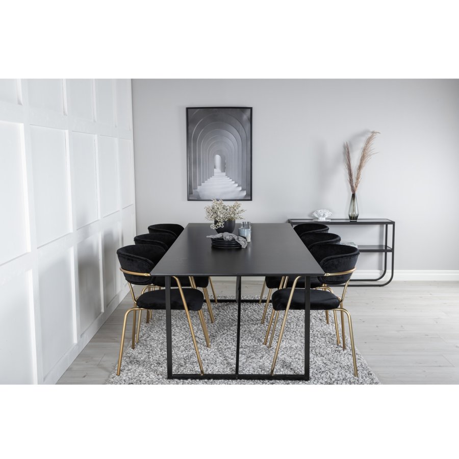 VENTURE DESIGN Arrow Esszimmerstuhl, mit Armlehnen – schwarzer Samt und Messingmetall