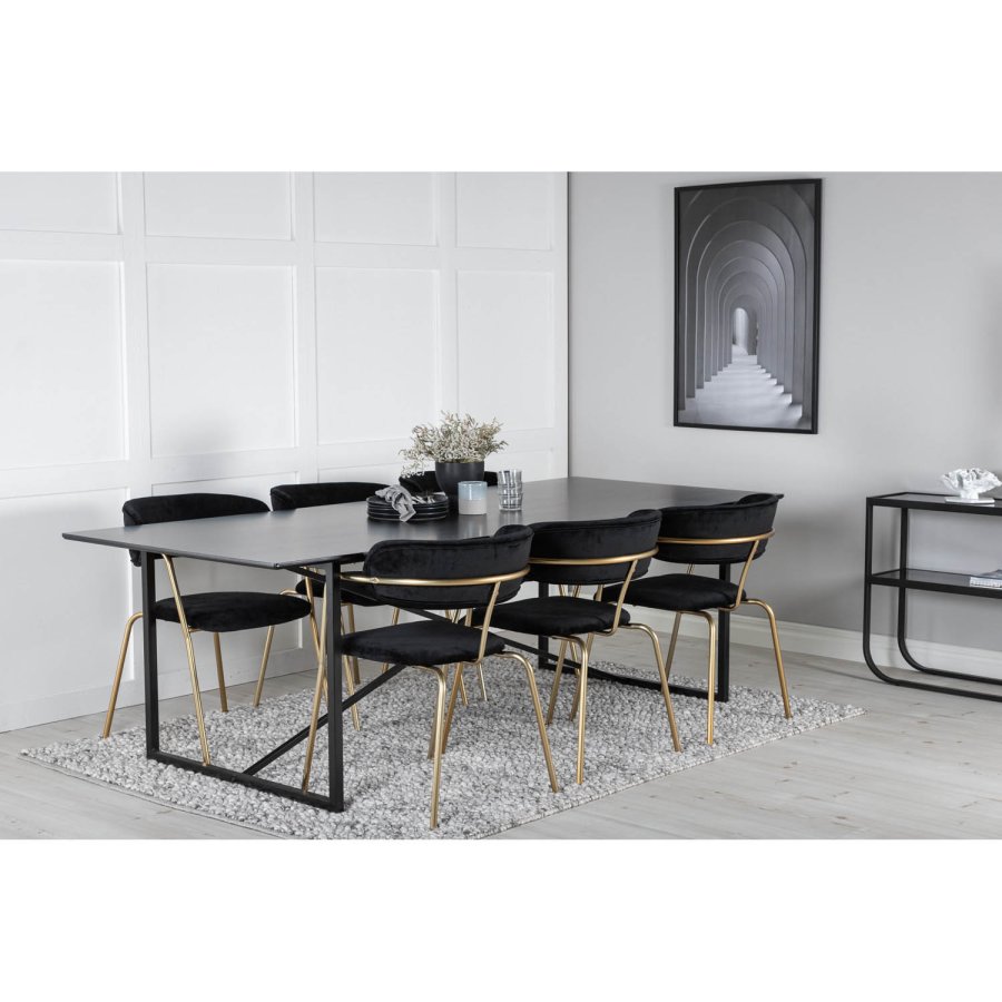 VENTURE DESIGN Arrow Esszimmerstuhl, mit Armlehnen – schwarzer Samt und Messingmetall