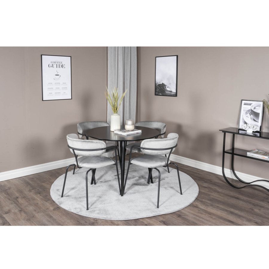 VENTURE DESIGN Arrow Esszimmerstuhl, mit Armlehnen – graues Velours und schwarzes Metall