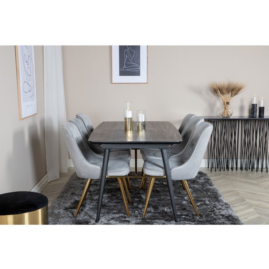 VENTURE DESIGN Gull spisebord, med uttrekk - messing, svart MDF og svart metall (180x85)