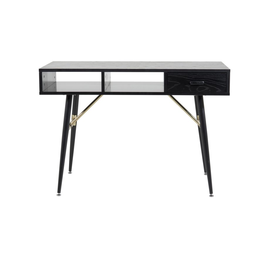 VENTURE DESIGN Gold-Schreibtisch mit 2 Regalen und 1 Schublade – schwarzes MDF und Eisen (110 x 60)
