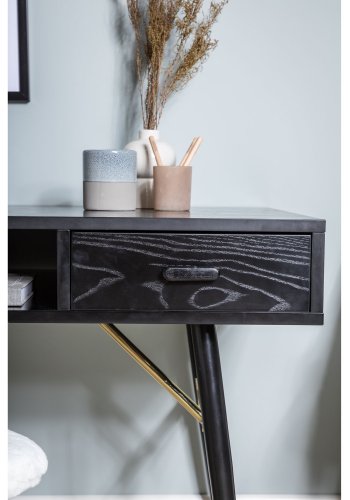 VENTURE DESIGN Gold-Schreibtisch mit 2 Regalen und 1 Schublade – schwarzes MDF und Eisen (110 x 60)