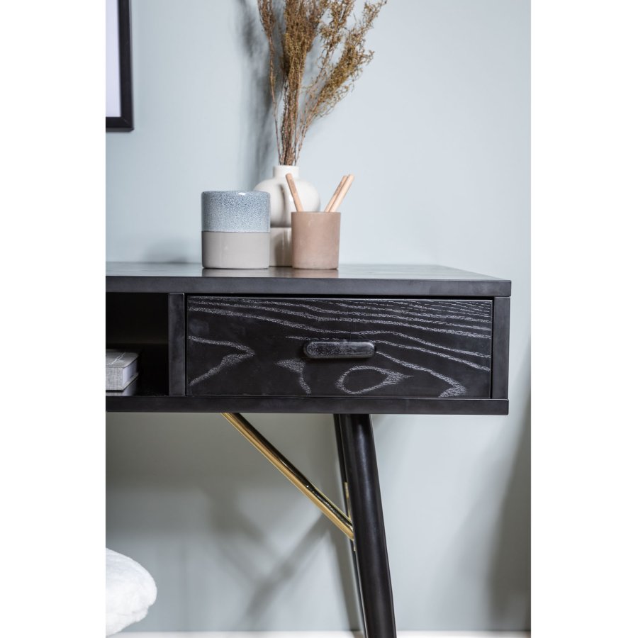 VENTURE DESIGN Gold-Schreibtisch mit 2 Regalen und 1 Schublade – schwarzes MDF und Eisen (110 x 60)