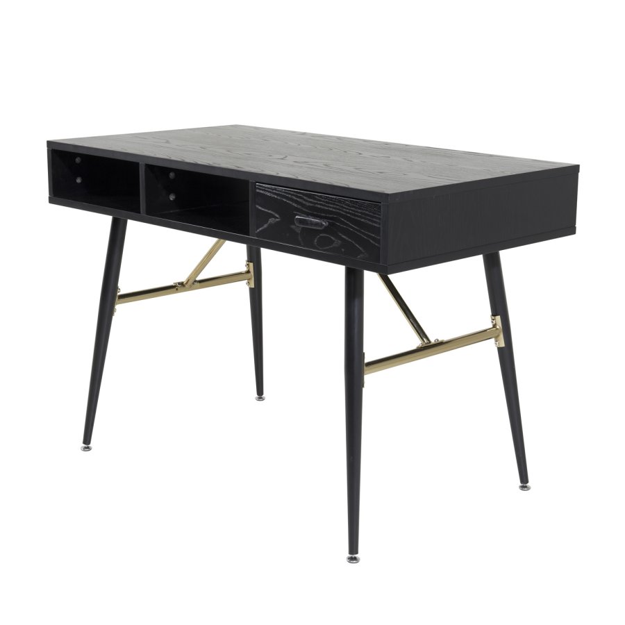 VENTURE DESIGN Gold-Schreibtisch mit 2 Regalen und 1 Schublade – schwarzes MDF und Eisen (110 x 60)