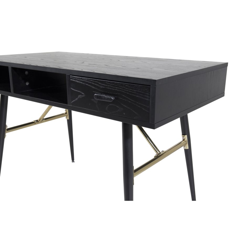 VENTURE DESIGN Gold-Schreibtisch mit 2 Regalen und 1 Schublade – schwarzes MDF und Eisen (110 x 60)