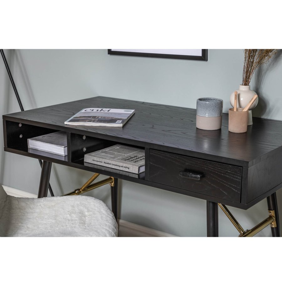 VENTURE DESIGN Gold-Schreibtisch mit 2 Regalen und 1 Schublade – schwarzes MDF und Eisen (110 x 60)