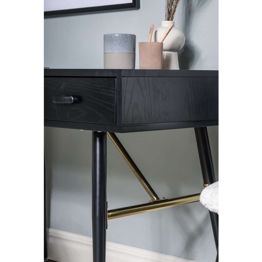 VENTURE DESIGN Gold-Schreibtisch mit 2 Regalen und 1 Schublade – schwarzes MDF und Eisen (110 x 60)