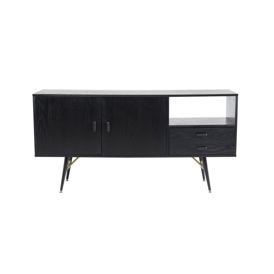 VENTURE DESIGN Gold Sideboard, mit 2 Türen und 2 Schubladen – schwarzes Furnier, MDF und Eisen