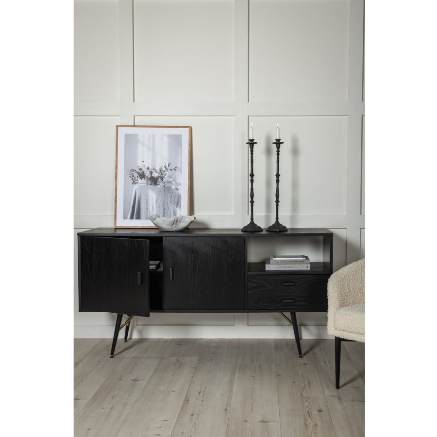 VENTURE DESIGN Gold Sideboard, mit 2 Türen und 2 Schubladen – schwarzes Furnier, MDF und Eisen