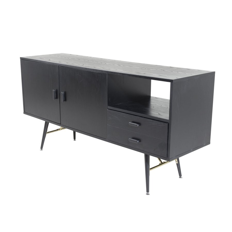 VENTURE DESIGN Gold Sideboard, mit 2 Türen und 2 Schubladen – schwarzes Furnier, MDF und Eisen