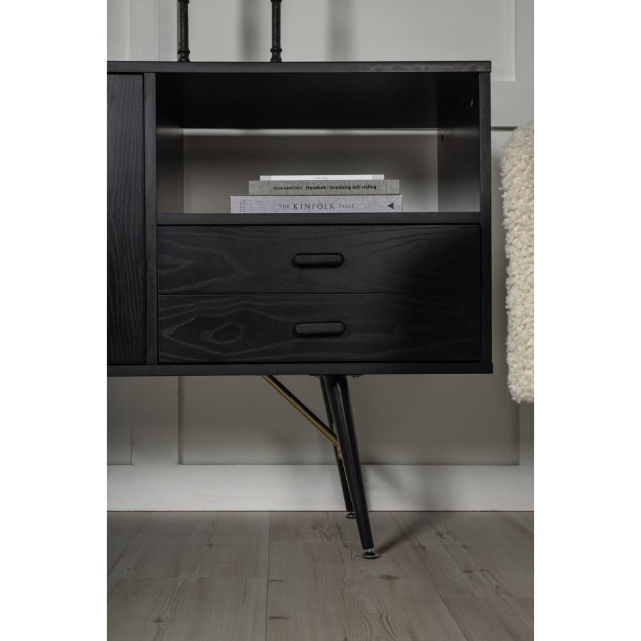 VENTURE DESIGN Gold Sideboard, mit 2 Türen und 2 Schubladen – schwarzes Furnier, MDF und Eisen