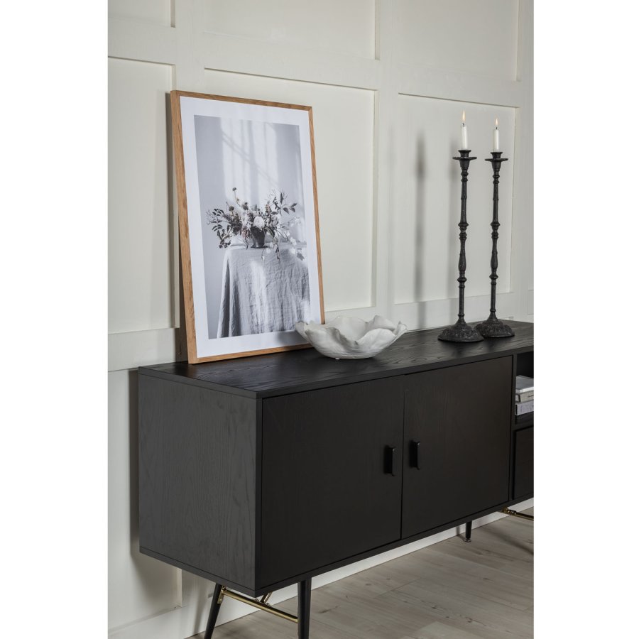 VENTURE DESIGN Gold Sideboard, mit 2 Türen und 2 Schubladen – schwarzes Furnier, MDF und Eisen