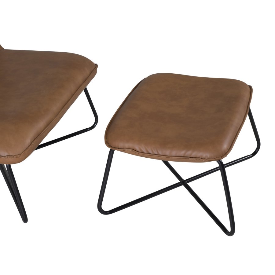 VENTURE DESIGN X lenestol med fotskammel - brun PU og svart jern