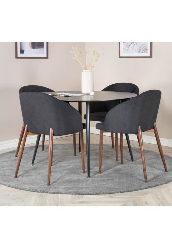 VENTURE DESIGN Arch Esszimmerstuhl, mit Armlehnen – schwarzes Polyester und Walnussfolienmetall