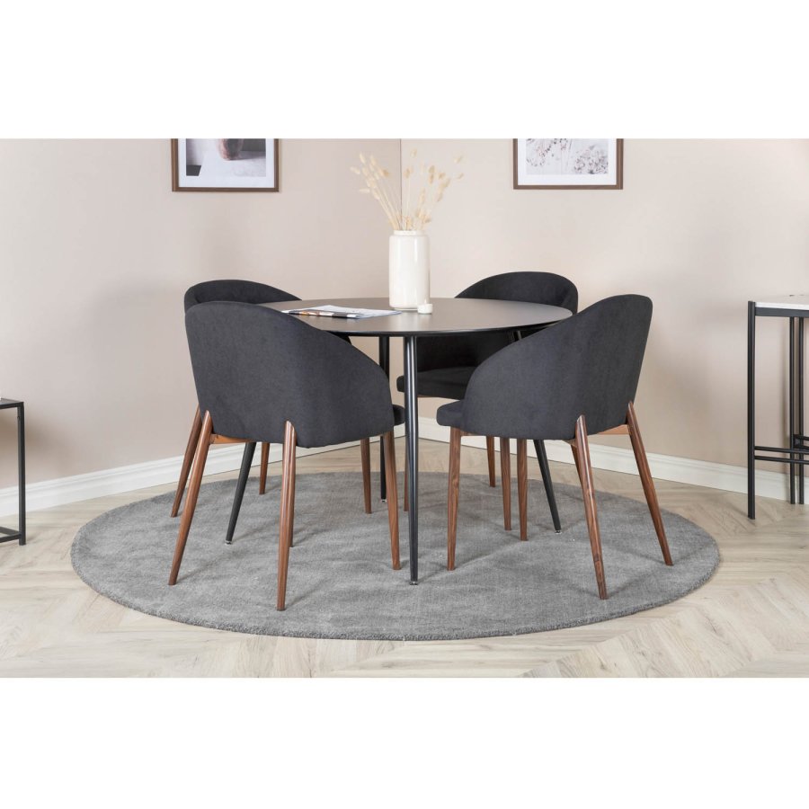 VENTURE DESIGN Arch Esszimmerstuhl, mit Armlehnen – schwarzes Polyester und Walnussfolienmetall