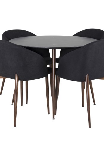 VENTURE DESIGN Arch Esszimmerstuhl, mit Armlehnen – schwarzes Polyester und Walnussfolienmetall