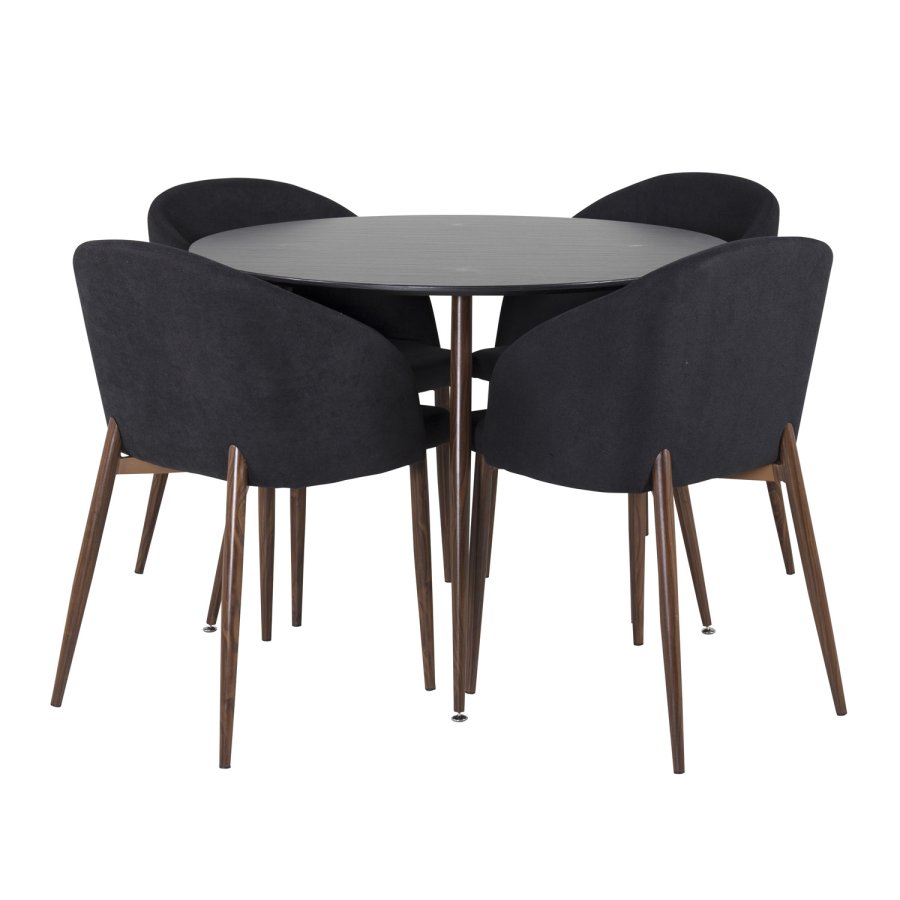 VENTURE DESIGN Arch Esszimmerstuhl, mit Armlehnen – schwarzes Polyester und Walnussfolienmetall