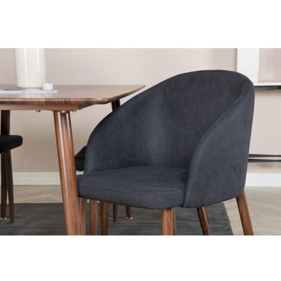 VENTURE DESIGN Arch Esszimmerstuhl, mit Armlehnen – schwarzes Polyester und Walnussfolienmetall