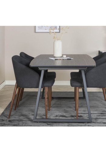 VENTURE DESIGN Arch Esszimmerstuhl, mit Armlehnen – schwarzes Polyester und Walnussfolienmetall