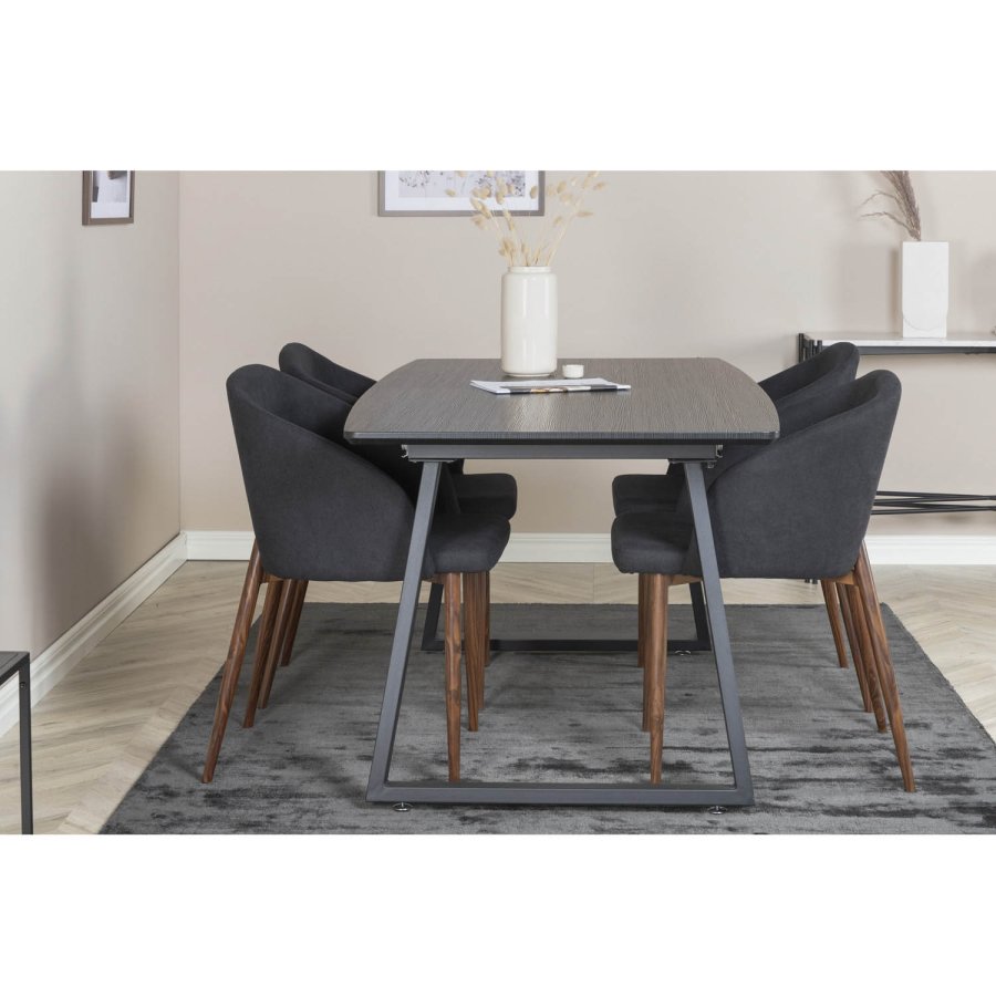 VENTURE DESIGN Arch Esszimmerstuhl, mit Armlehnen – schwarzes Polyester und Walnussfolienmetall