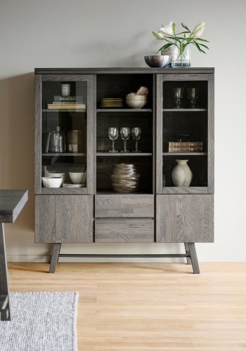 ROWICO Brooklyn vitrineskab - rget eg, m. 4 lger og 2 skuffer 