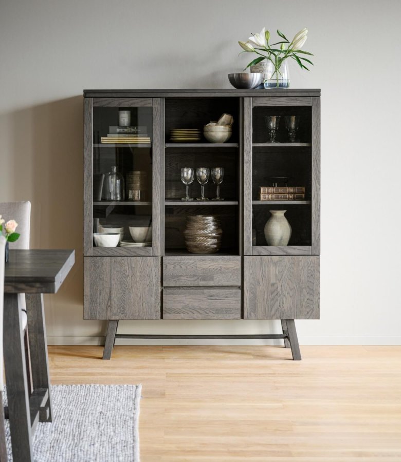 ROWICO Brooklyn vitrineskab - rget eg, m. 4 lger og 2 skuffer 