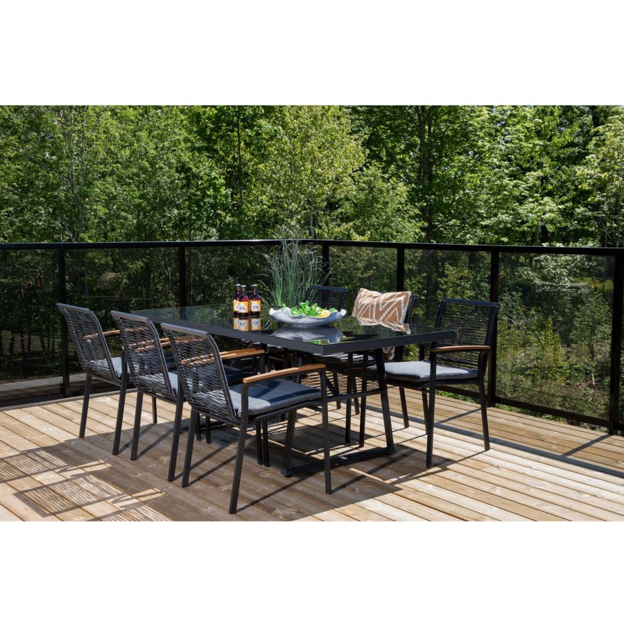 VENTURE DESIGN Dallas hagestol, med armlener og pute - naturlig teak, svart polyestertau og stl