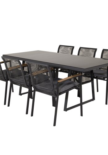 VENTURE DESIGN Dallas hagestol, med armlener og pute - naturlig teak, svart polyestertau og stl