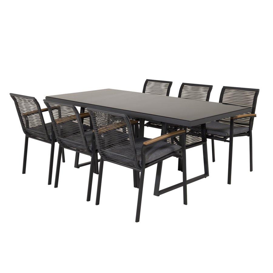 VENTURE DESIGN Dallas hagestol, med armlener og pute - naturlig teak, svart polyestertau og stl