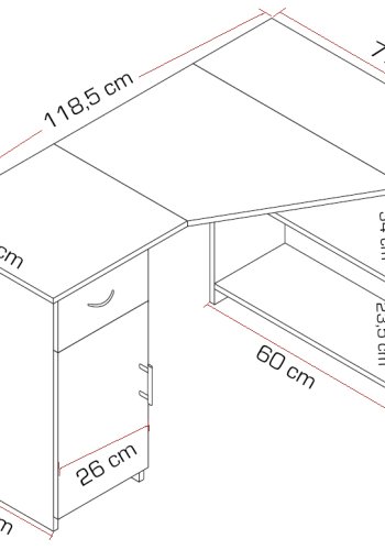 Eckschreibtisch Linzia, mit 1 Tür, 2 Regalen und 1 Schublade – Naturholz