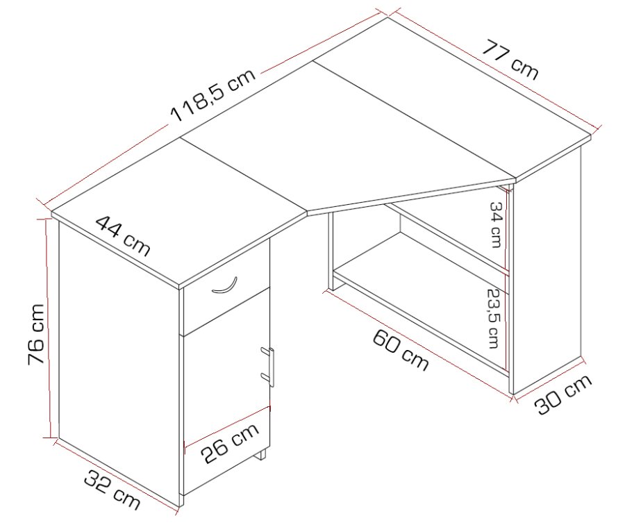 Eckschreibtisch Linzia, mit 1 Tür, 2 Regalen und 1 Schublade – Naturholz