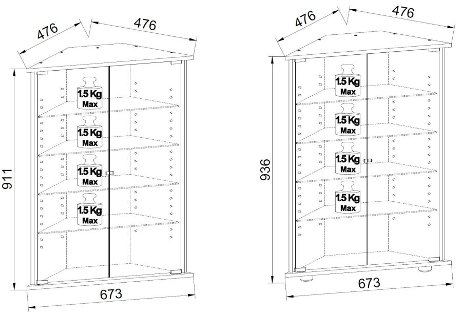 Vecko Eckschrank mit Beinen, m. 2 Türen und 4 Regalen - Glas und weißes Holz