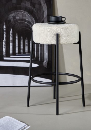 VENTURE DESIGN Tucson barstol, med fotsttte - hvit bouclé-stoff og sort stl