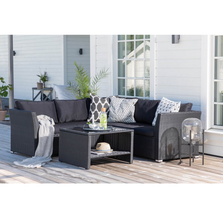 VENTURE DESIGN Haiti modulsofasett - svarte puter og svart glass, polyrattan og stl