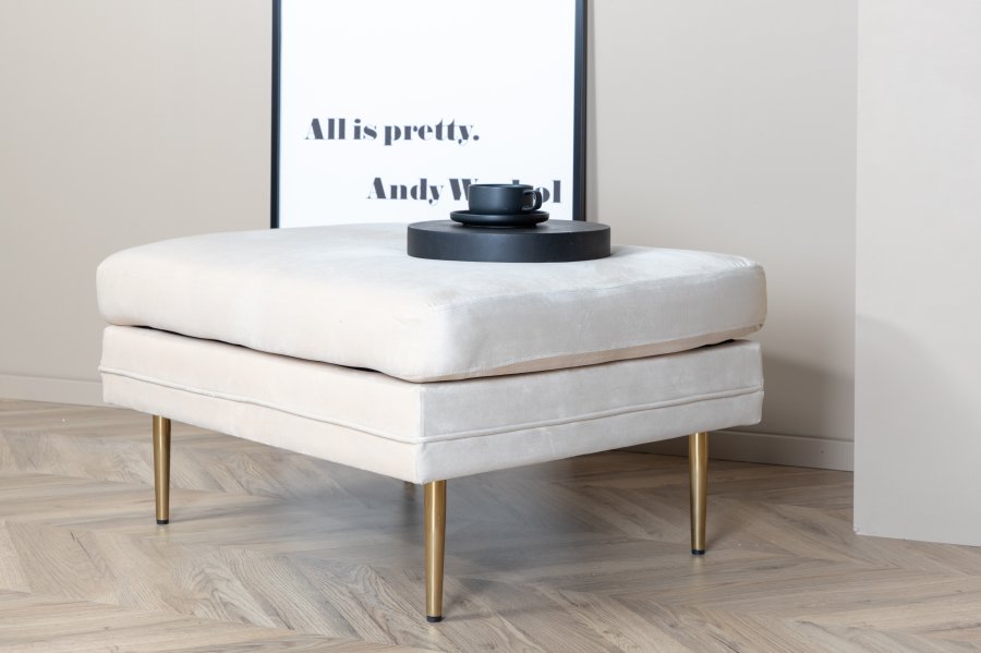 VENTURE DESIGN Bompuff, rektangulr - lys beige flyel og messingstl (90x70)