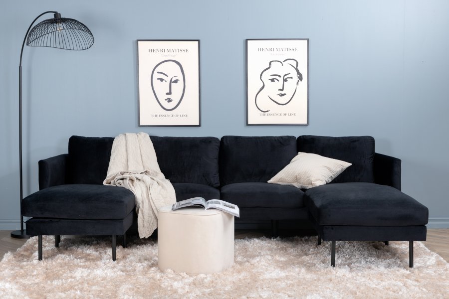 VENTURE DESIGN Zoom U-sofa - svart flyel og sort stl