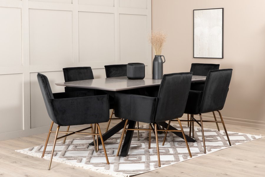 VENTURE DESIGN Pippi spisebordsstol, med armlener - svart flyel/polyester lin og kobberstl