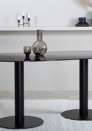 VENTURE DESIGN Pillan spisebord, ovalt - svart marmormnstret glass og svart stl (180x100)