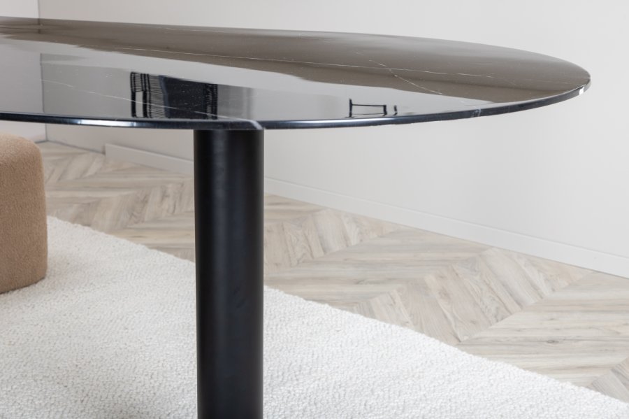 VENTURE DESIGN Pillan spisebord, ovalt - svart marmormnstret glass og svart stl (180x100)