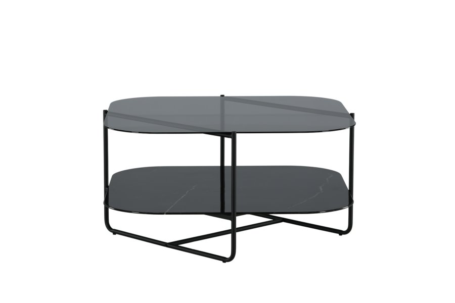 VENTURE DESIGN Un-line salongbord, med hylle i svart marmorglass - ryksort glass og svart stl (85x85)