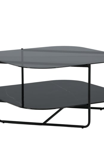 VENTURE DESIGN Un-line salongbord, med hylle i svart marmorglass - ryksort glass og svart stl (85x85)