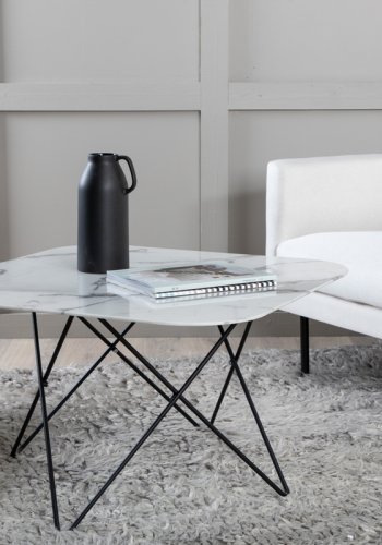 VENTURE DESIGN Tristar salongbord, firkantet - hvitmarmorert glass og svart stl (80x80)