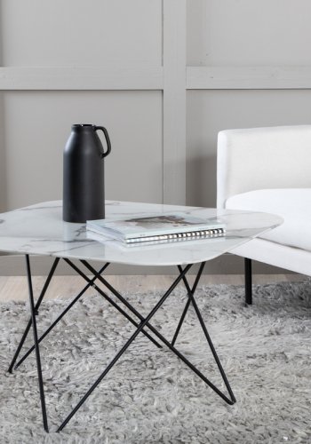VENTURE DESIGN Tristar salongbord, firkantet - hvitmarmorert glass og svart stl (80x80)