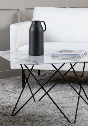 VENTURE DESIGN Tristar salongbord, firkantet - hvitmarmorert glass og svart stl (80x80)