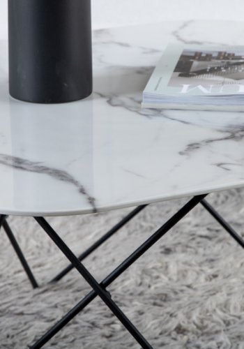 VENTURE DESIGN Tristar salongbord, firkantet - hvitmarmorert glass og svart stl (80x80)